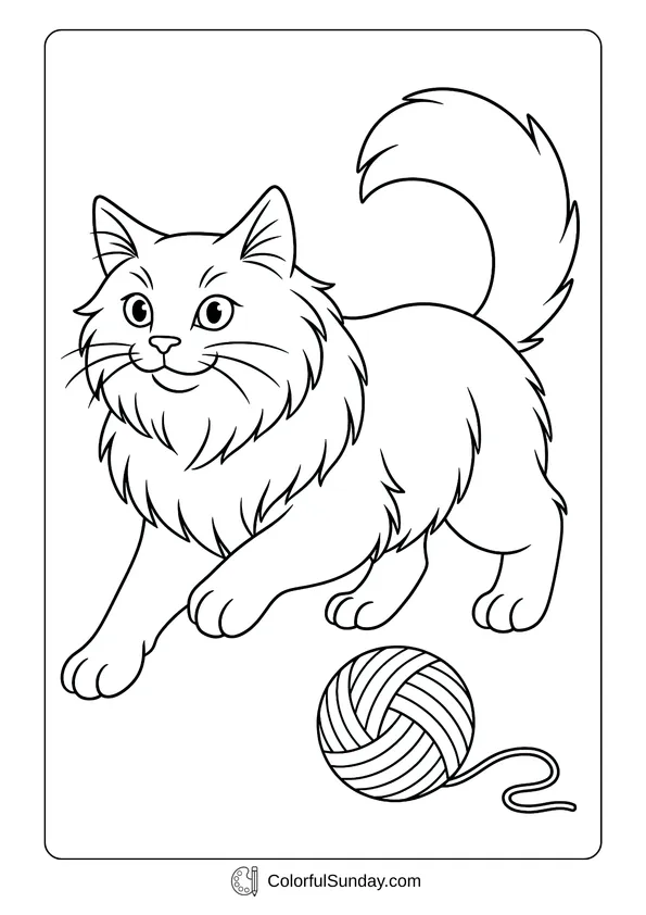 A Maine Coon cute cat playing with a ball of yarn in a detailed coloring page.
