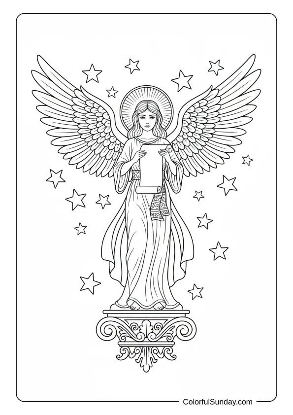 A majestic angel coloring page standing on a pedestal holding a scroll with grand wings spread.