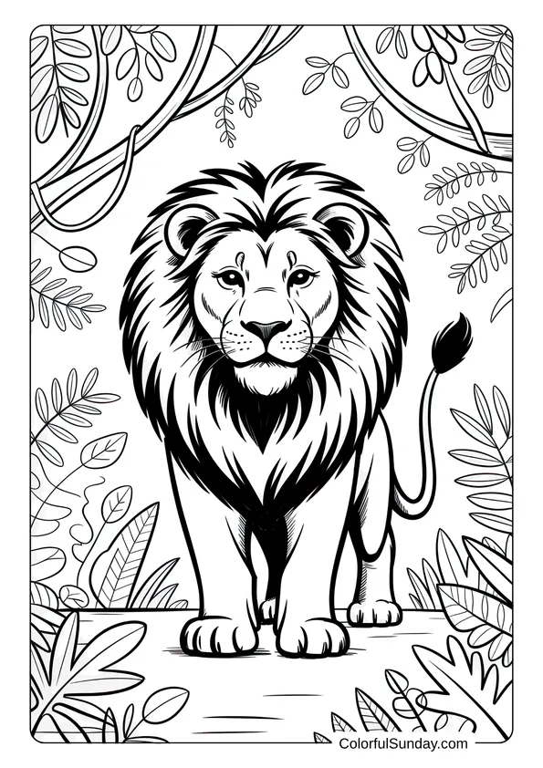 Coloring page of a majestic lion standing proudly in a jungle filled with leaves and vines.