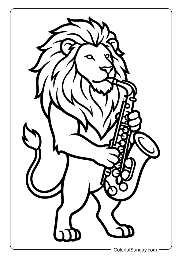 Majestic Lion Saxophone Coloring Page A lion coloring page with a mane playing a saxophone standing majestically coloring page.