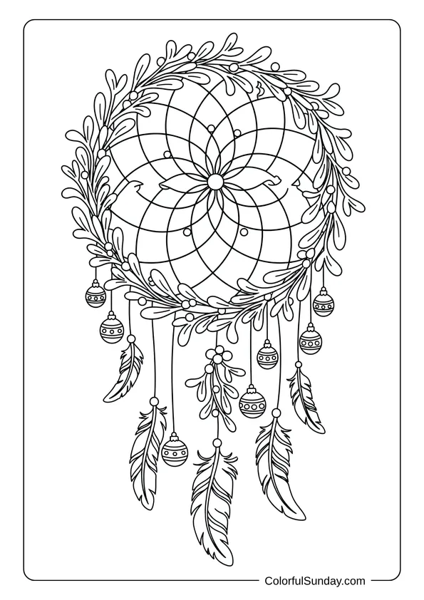 A coloring page of a mandala dreamcatcher decorated with mistletoe.