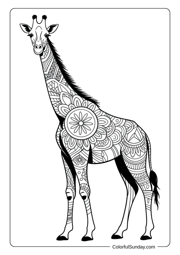 An artistic giraffe coloring page filled with intricate mandala patterns and geometric shapes throughout body.