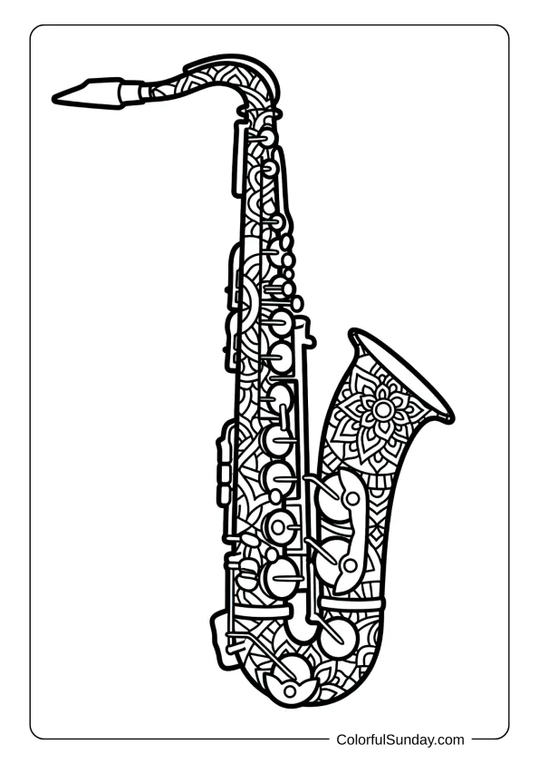 A saxophone coloring page decorated with geometric mandala patterns covering the entire instrument coloring page.