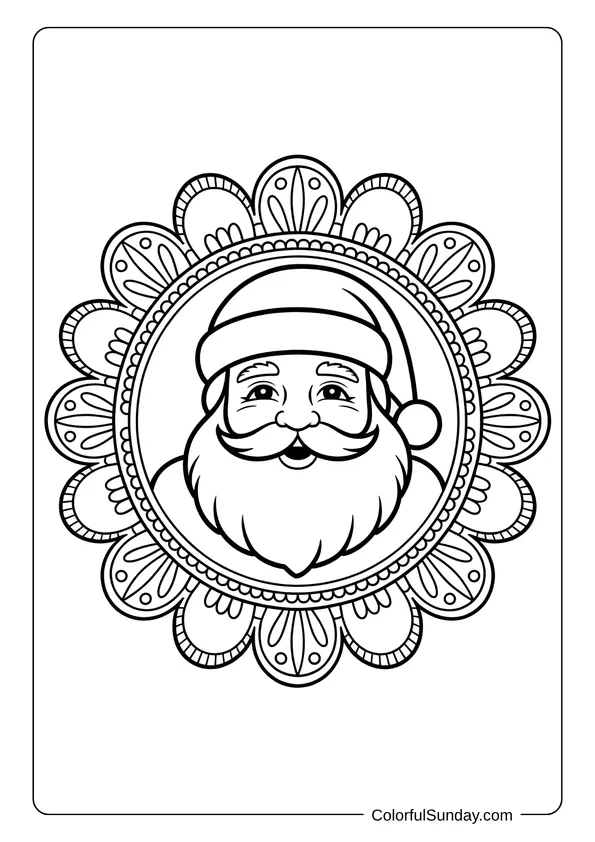 A detailed mandala design frames the face of Santa Claus, creating a decorative and intricate coloring page.