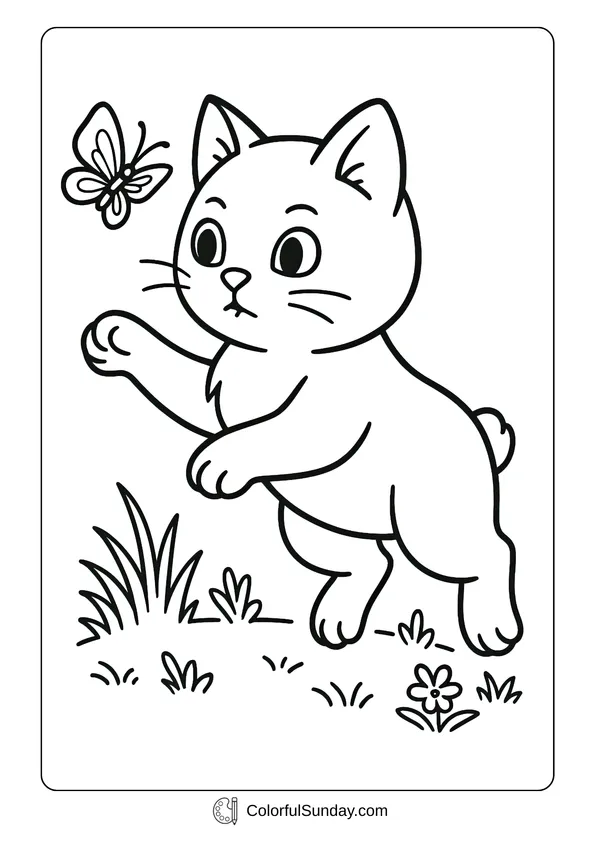 Pokemon Badges And Logo Coloring Page A coloring page of a playful cute cat chasing a butterfly among grass and flowers.