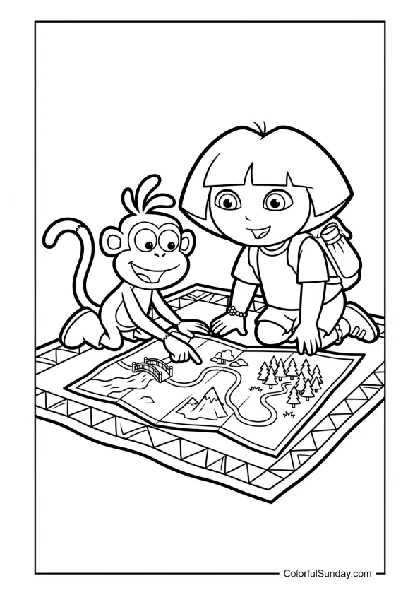 Map unrolled on a picnic blanket with Boots and Backpack planning their route in this Dora the Explorer coloring page.