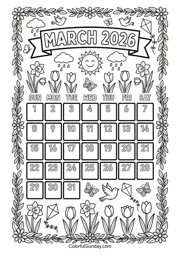 March 2026 spring garden calendar coloring page with flowers printable coloring page