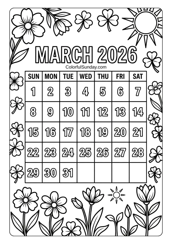 March 2026 floral calendar coloring page with spring flowers and sunshine printable coloring page