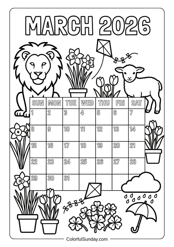 March 2026 spring animals calendar coloring page with lion and lamb printable coloring page
