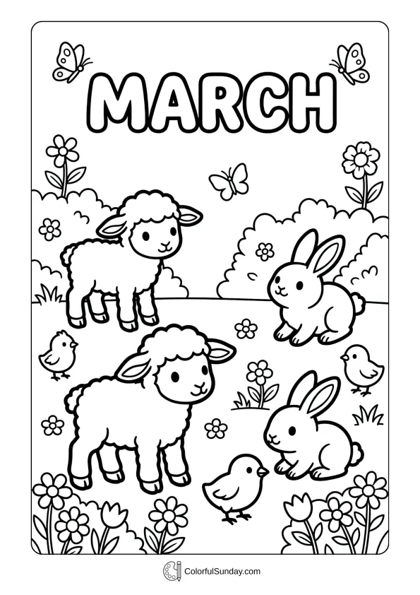 March Baby Animals Coloring Page Baby animals coloring page with cute lambs, chicks, and bunnies born during March