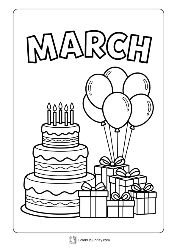 Birthday celebration coloring page with festive cake and balloons for March birthdays