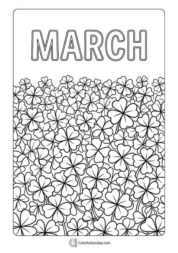 Clover field coloring page showing expansive patch with hidden four-leaf varieties for March