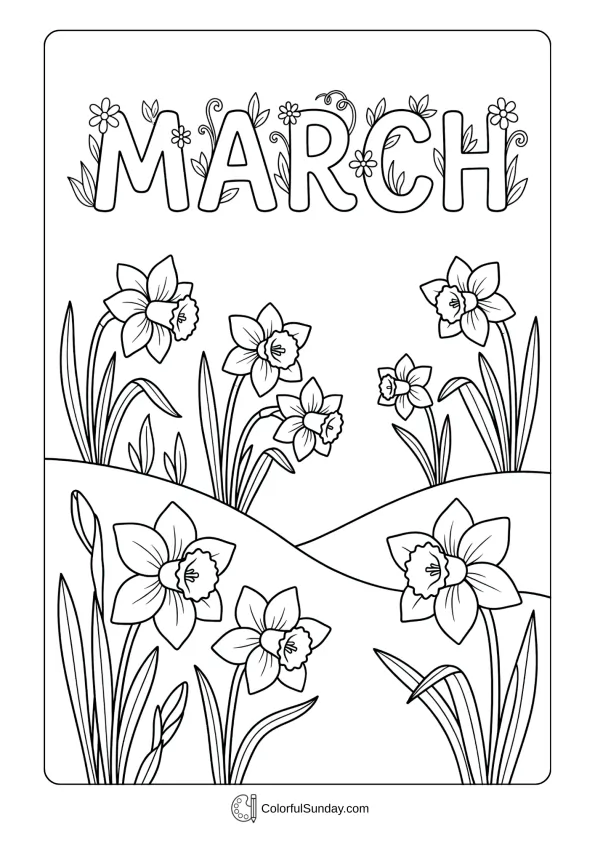 Daffodil field coloring page with cheerful flowers blooming across hillside during March