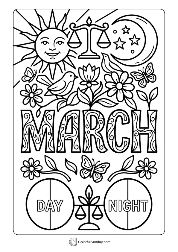 March Equinox Balance Coloring Page March equinox coloring page showing day and night balanced with spring symbols for March