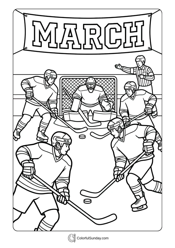 Hockey playoff coloring page featuring intense game action during exciting March season