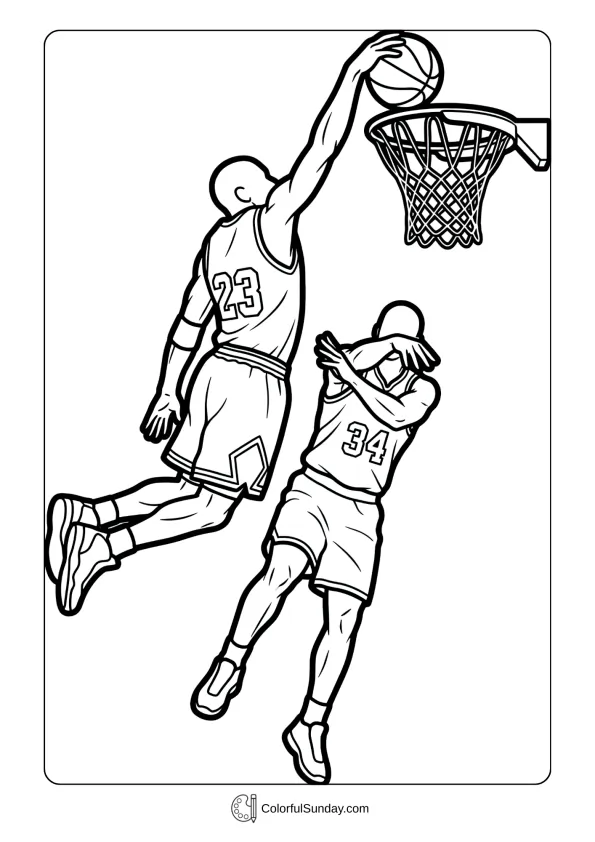 Players executing alley-oop play in a March Madness coloring page with spectacular teamwork
