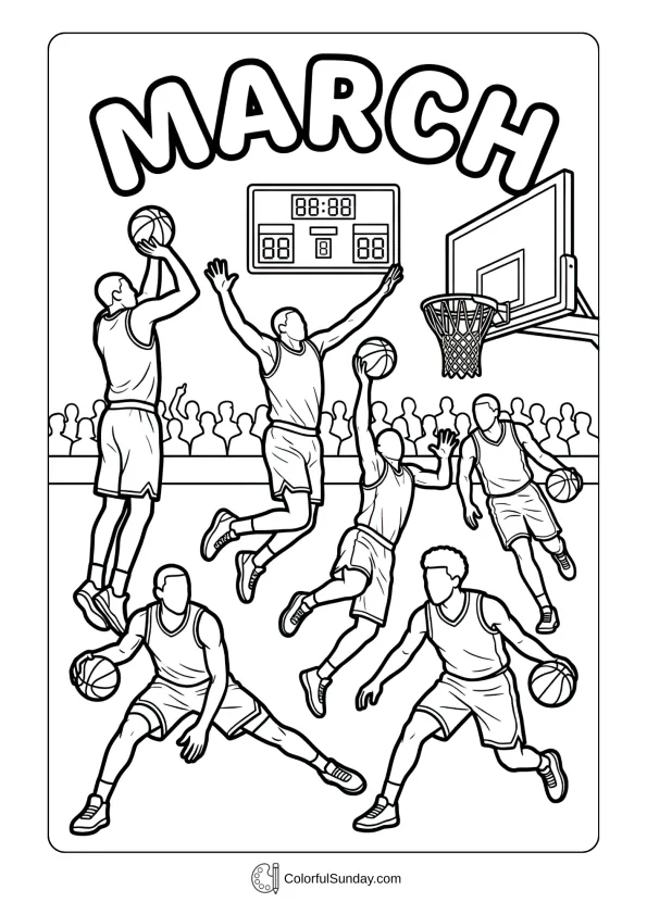 March basketball tournament coloring page with players shooting hoops during March Madness