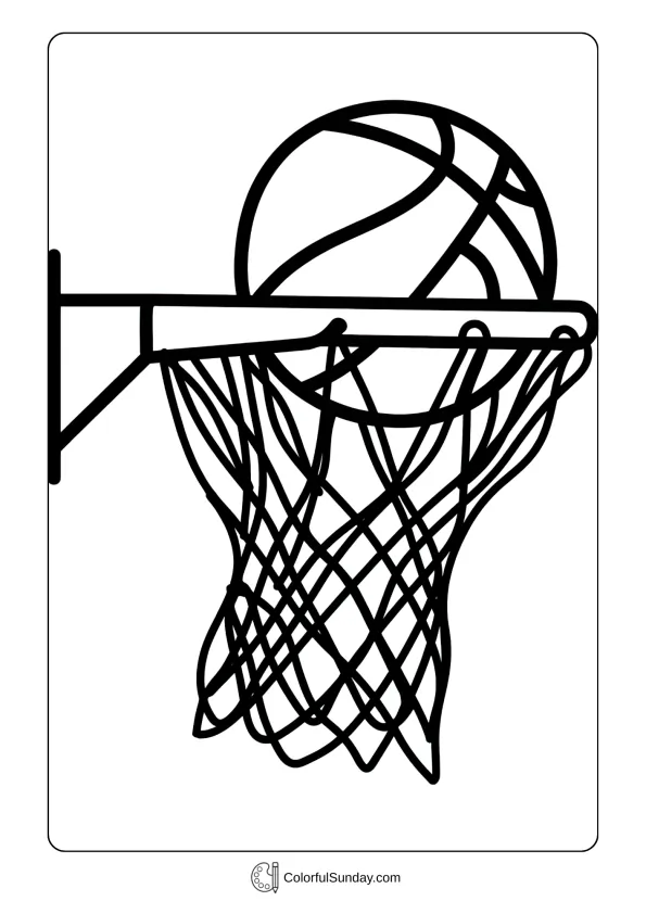 Basketball soaring through hoop in a March Madness coloring page with tournament action