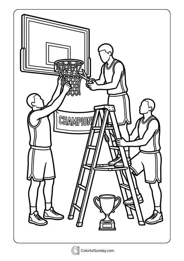 Players cutting down net after victory in a March Madness coloring page celebrating championship