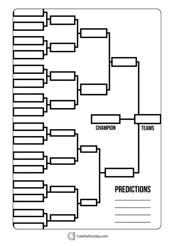 Empty tournament bracket for predictions in a March Madness coloring page ready to fill