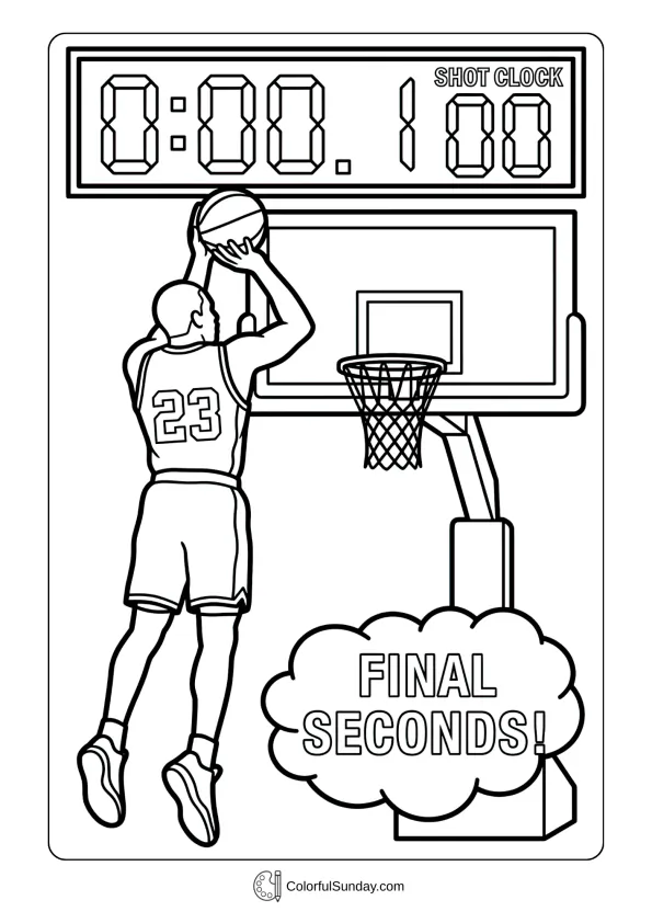 Player taking final second shot in a March Madness coloring page capturing dramatic moment