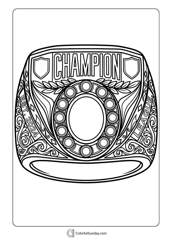 Ornate championship ring in a March Madness coloring page commemorating tournament victory