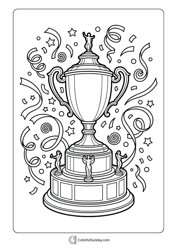Championship trophy with confetti and ribbons in a March Madness coloring page celebrating victory