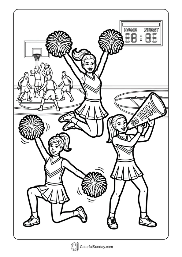 Cheerleaders performing routines in a March Madness coloring page showing tournament spirit