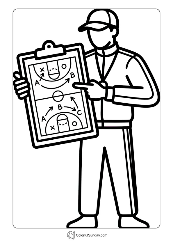 Coach with strategy clipboard in a March Madness coloring page planning winning plays