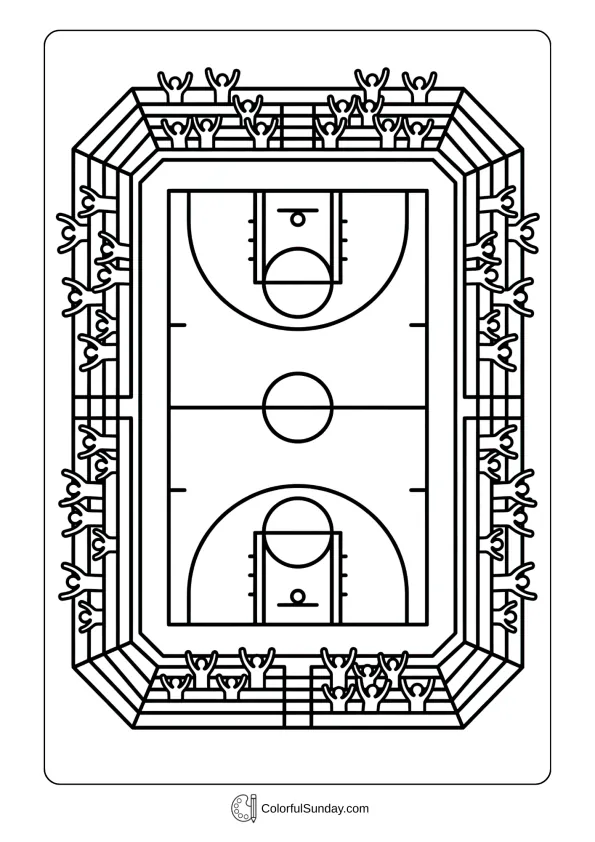 Basketball arena with cheering fans in a March Madness coloring page showing tournament excitement