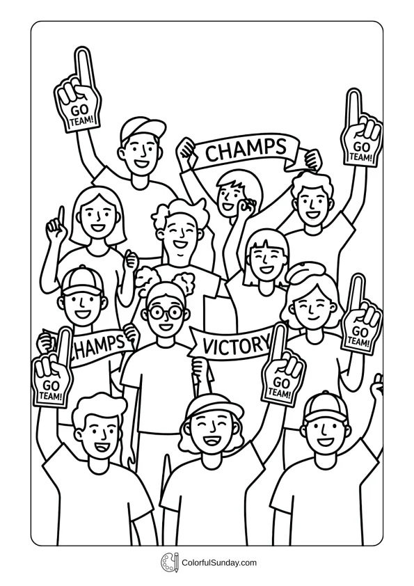 Fans waving foam fingers and banners in a March Madness coloring page celebrating together