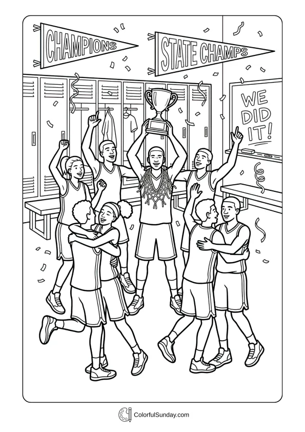 Team celebrating in locker room in a March Madness coloring page after championship victory