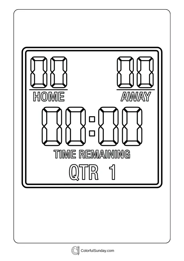 Digital scoreboard with game score in a March Madness coloring page showing close competition