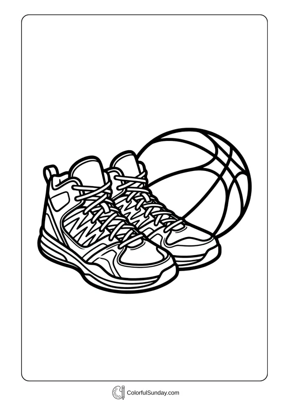 Basketball sneakers with ball in a March Madness coloring page ready for tournament play