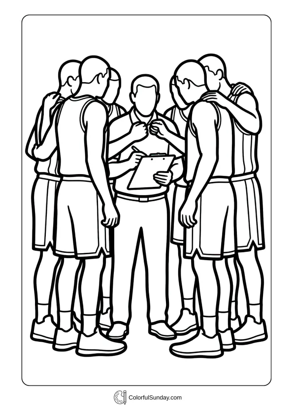 Team gathering in strategic huddle in a March Madness coloring page during timeout