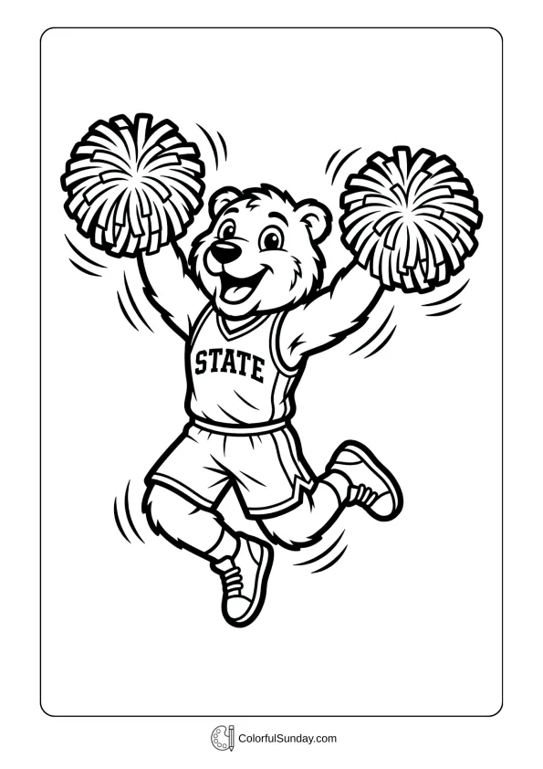 College mascot celebrating with pom-poms in a March Madness coloring page full of team spirit