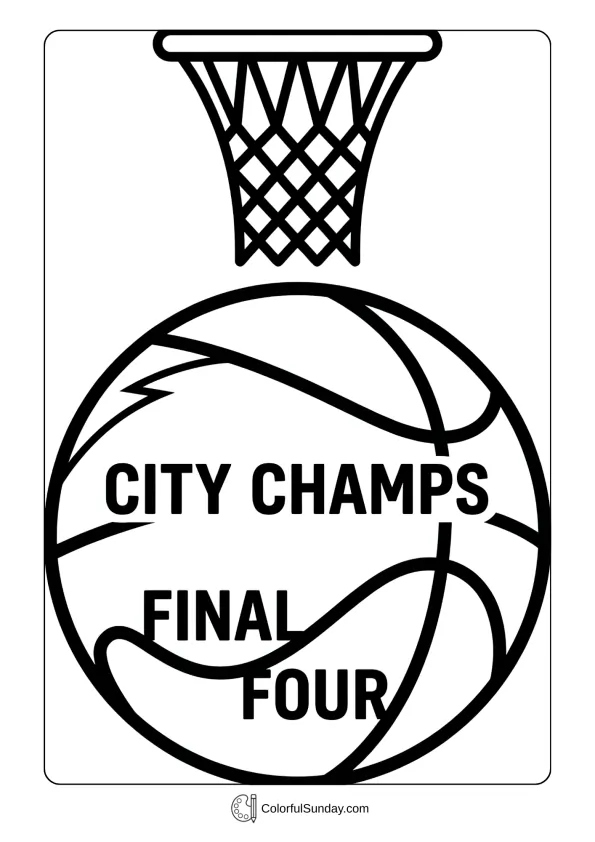 Official basketball with tournament logo in a March Madness coloring page for championship play