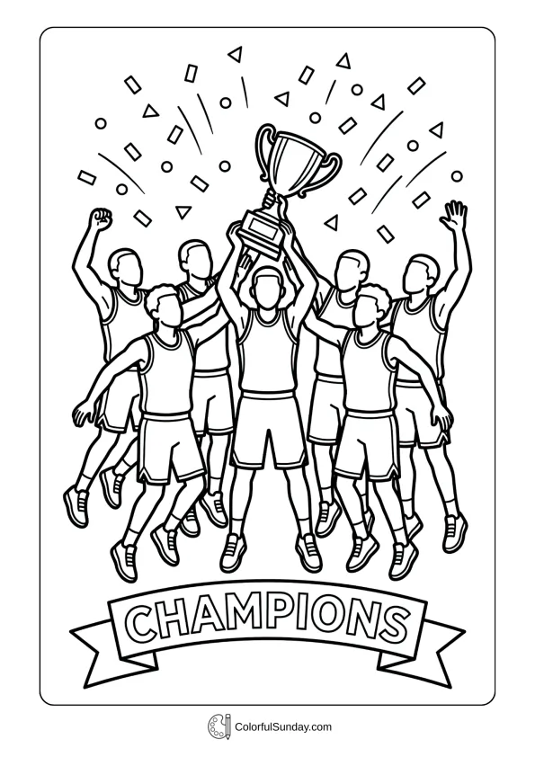 Confetti raining on champions in a March Madness coloring page celebrating final victory