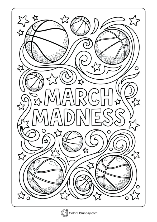 March Madness whimsical basketball art in a creative coloring page with flowing lines coloring page