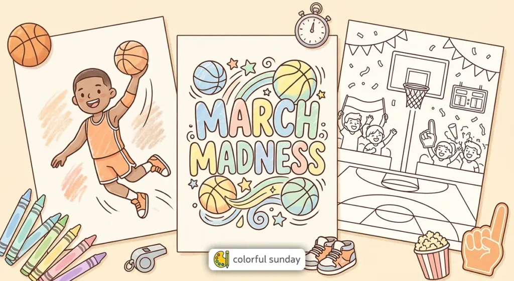 three coloring pages related to March Madness