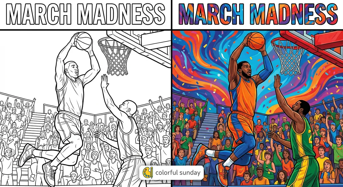 March Madness coloring pages featured image, left side uncolored, right side fully colored