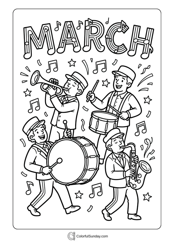 Music celebration coloring page with musicians playing instruments during March