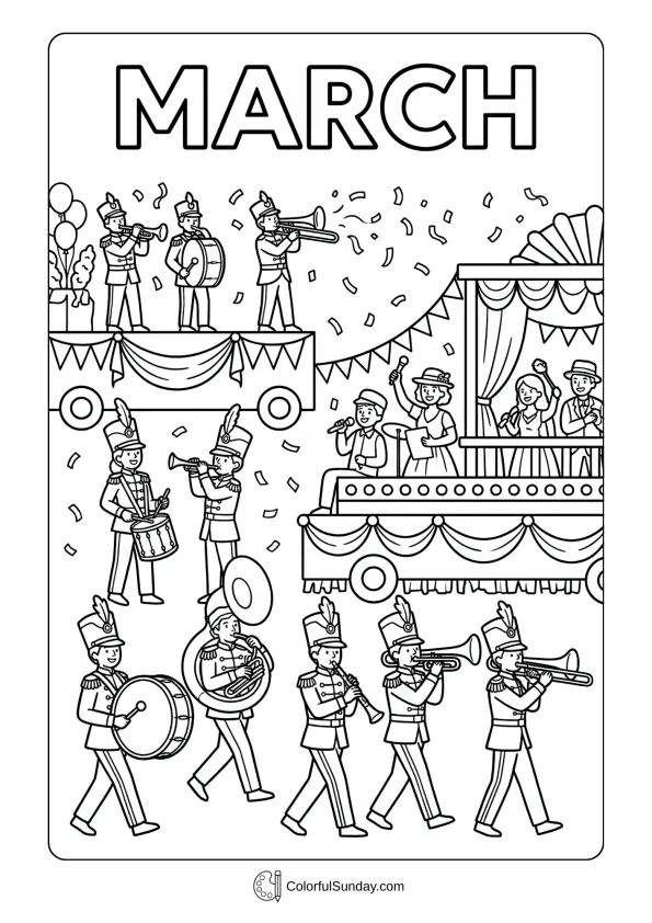 Parade festivities coloring page with joyful marching bands and floats celebrating March