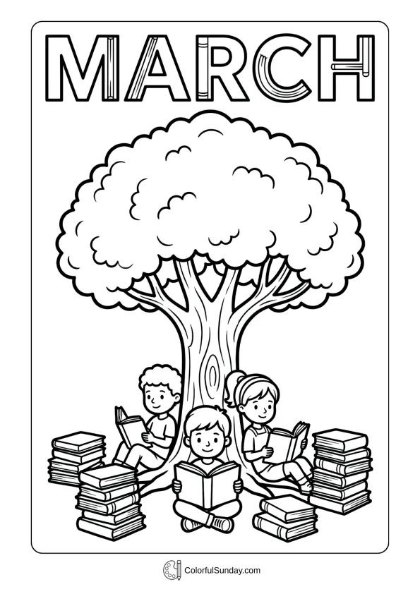 Reading month coloring page with children reading books under tree celebrating March