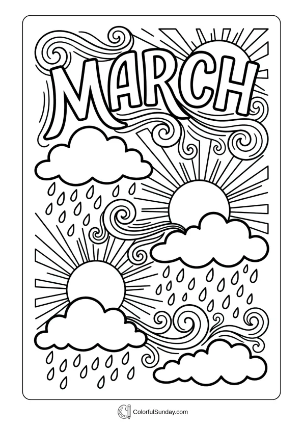 Weather symbols coloring page showing sun, clouds, rain, and wind for changeable March