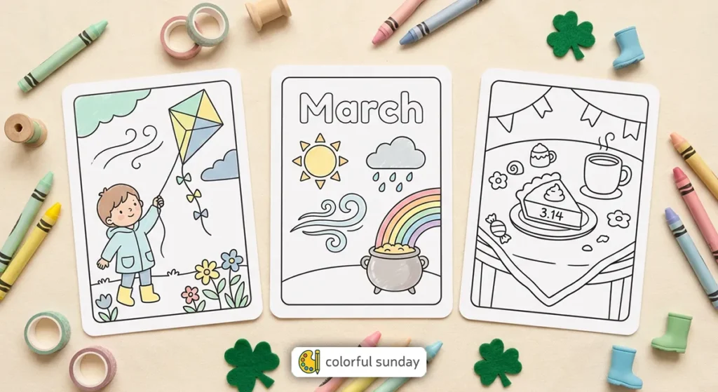 three coloring pages related to the month of March