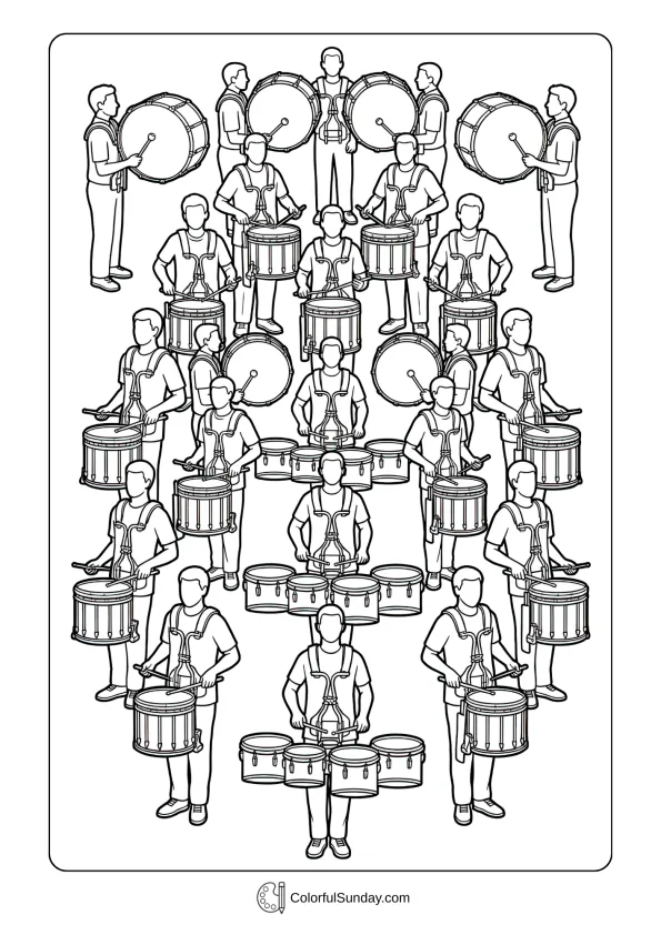 Multiple marching drums including snares, tenors, and bass drums coloring page in formation display