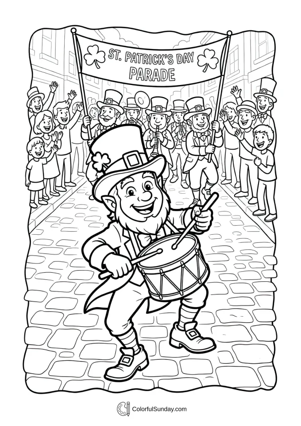 This coloring page shows a leprechaun marching proudly in a St. Patrick’s Day parade scene.
