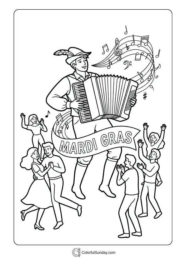 Street performer playing accordion surrounded by musical notes in a Mardi Gras coloring page.