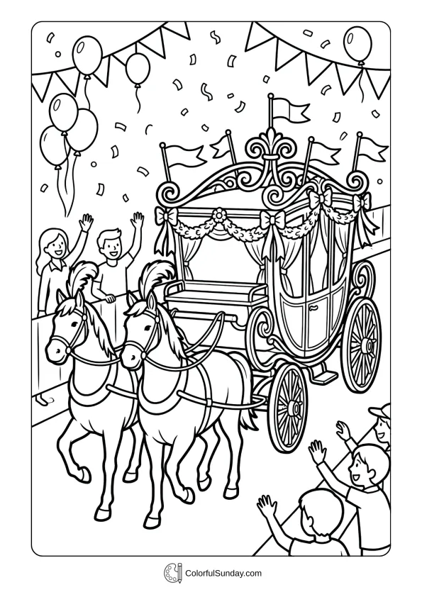 Ornate horse-drawn carriage decorated with festive elements in a Mardi Gras coloring page parade.